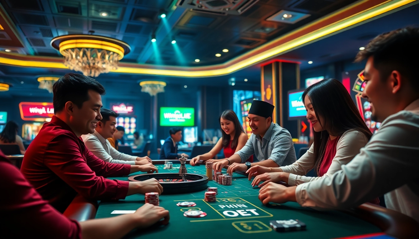 Exciting online casino experience at winvn88.live with players engaged in poker and roulette.