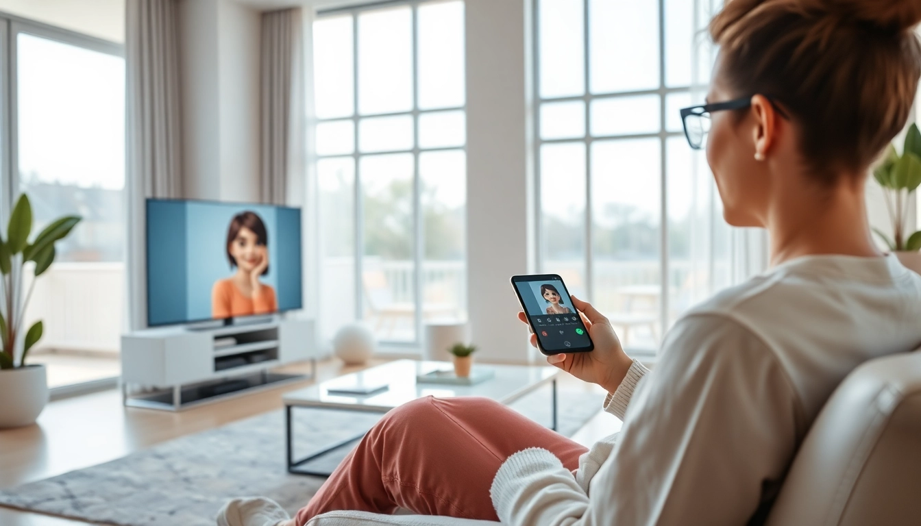 A captivating scene of a user interacting with girlfriend ai on a modern device in a cozy living room.
