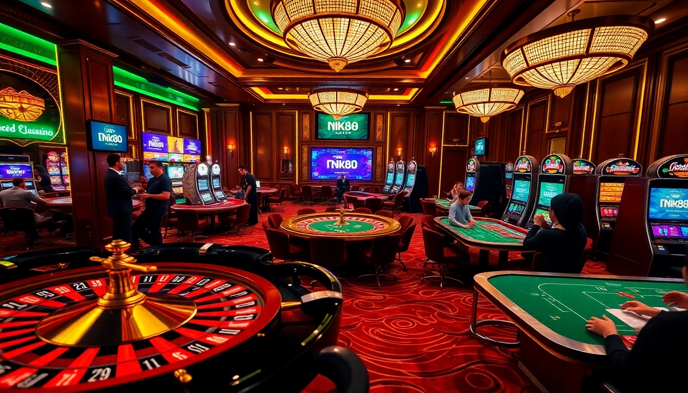 Players enjoying a lively casino atmosphere at Link NK88, featuring roulette and slot machines.