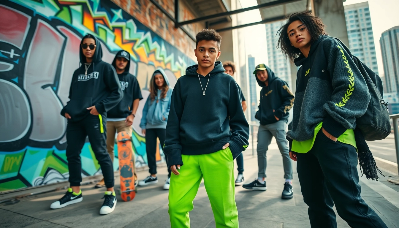 Models showcasing trendy streetwear clothes in an urban setting.