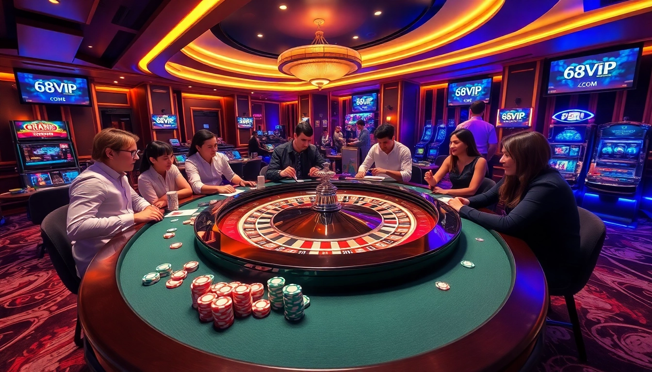 Exciting gaming experience at 68VIP.COM with poker chips and roulette table in a luxurious casino setting.