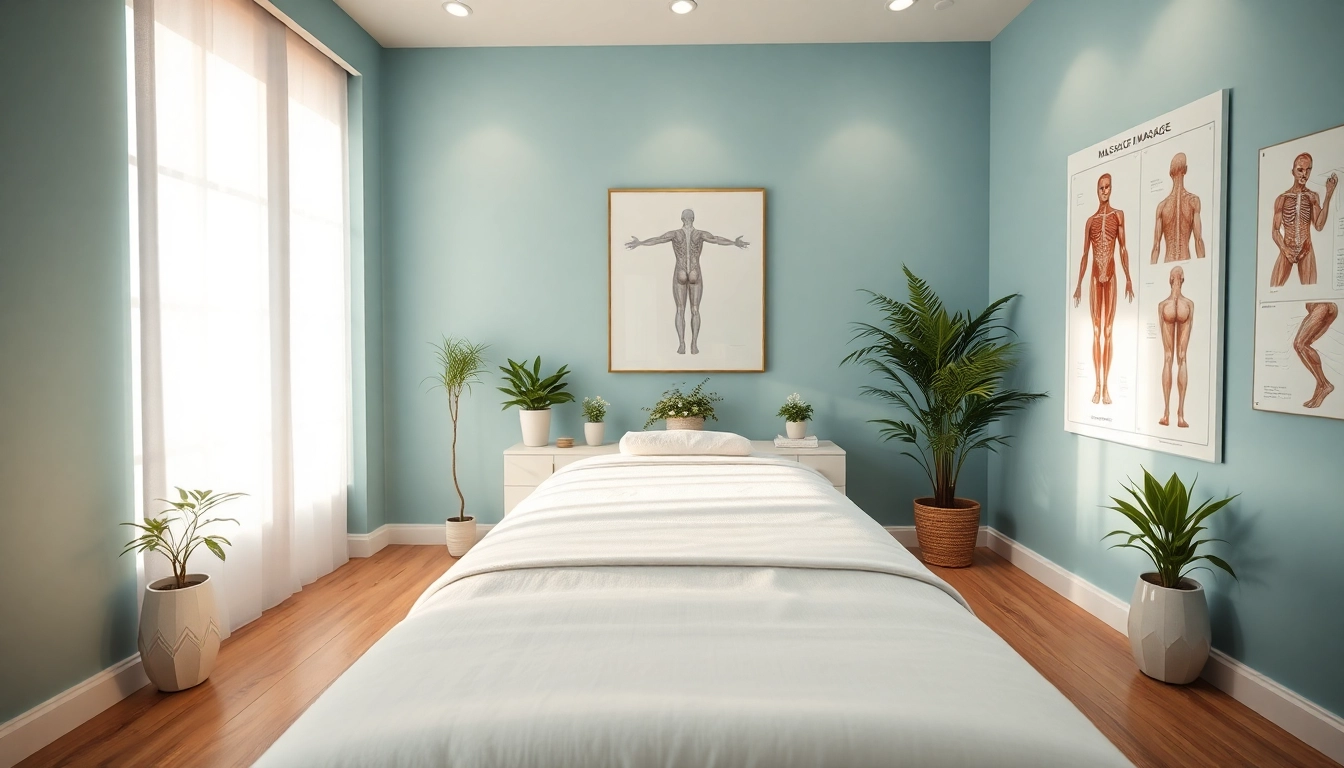 Deep tissue massage therapy room with calm lighting and anatomical charts, illustrating a professional setting.