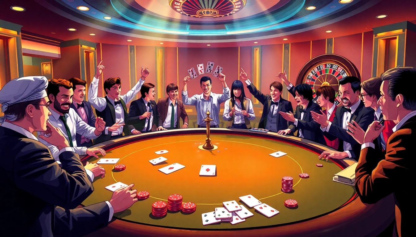 Players engaged at a KK55 poker table showcasing excitement and strategic play in a luxurious casino.