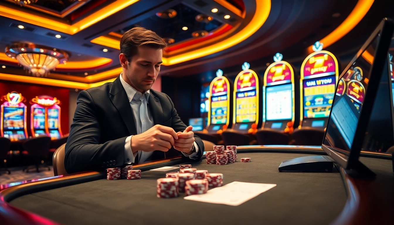 Winning at poker with 8kbet.com in a luxurious casino setting filled with vibrant slot machines.