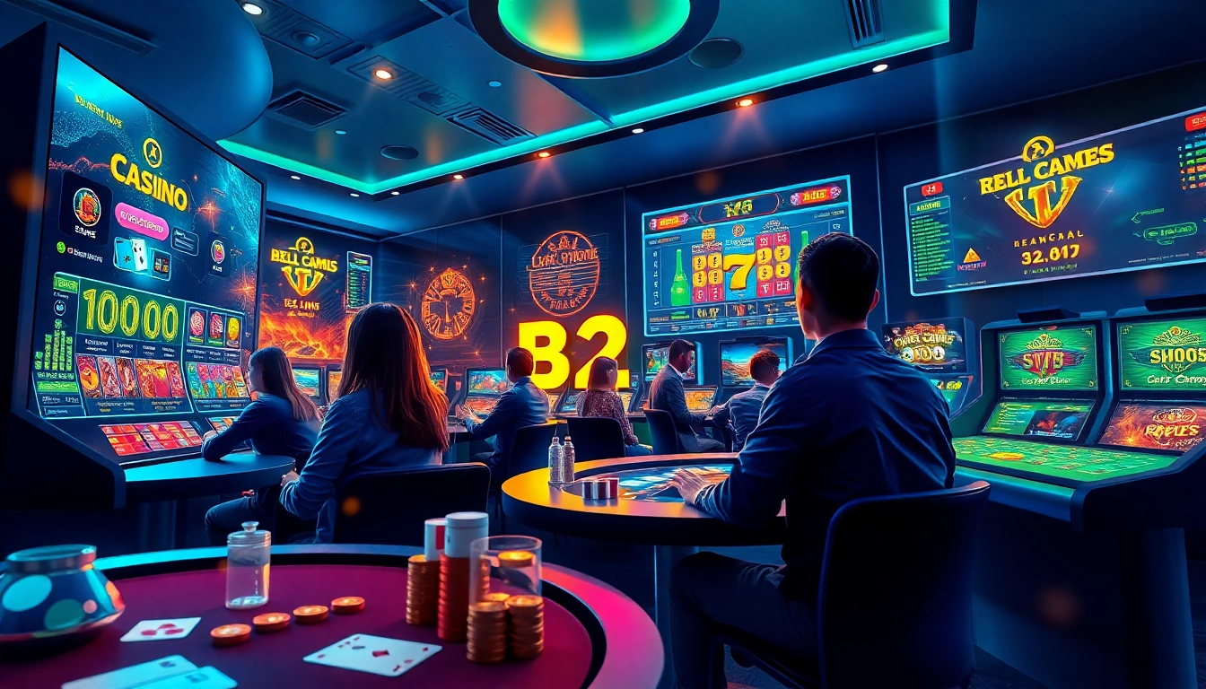 B52Club gaming experience with players enjoying various online games like poker and slots, emphasizing excitement and luxury.