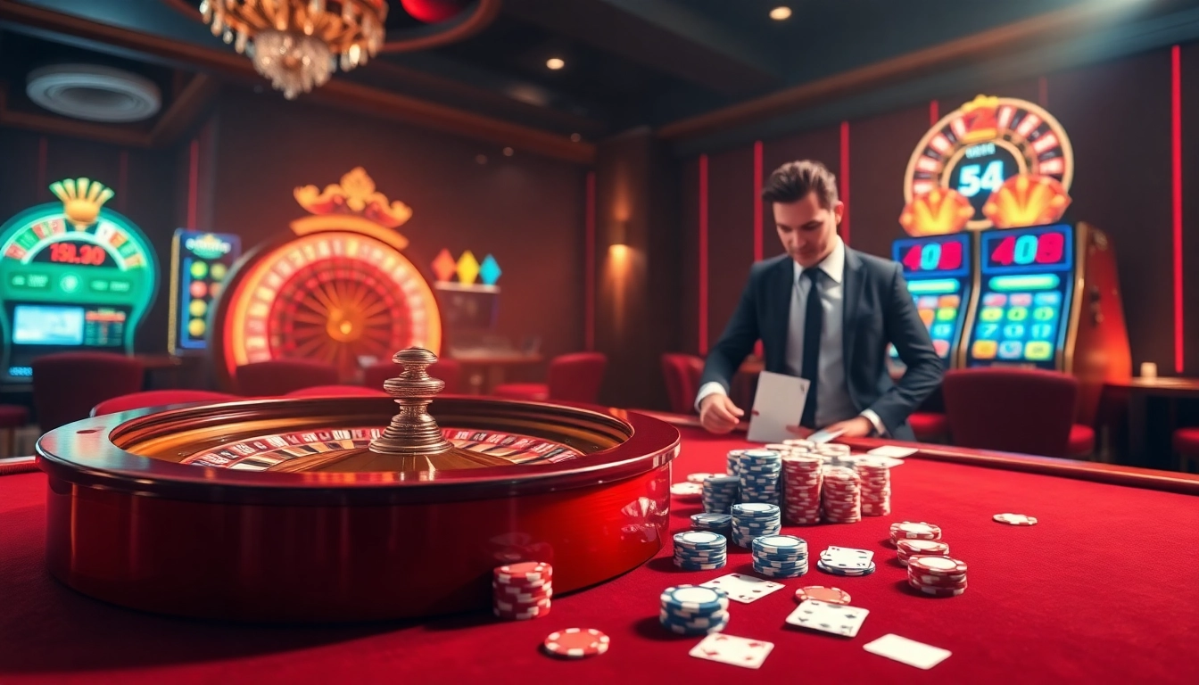 Experience the thrilling BL555 online casino environment with vibrant slot machines and a stylish dealer.