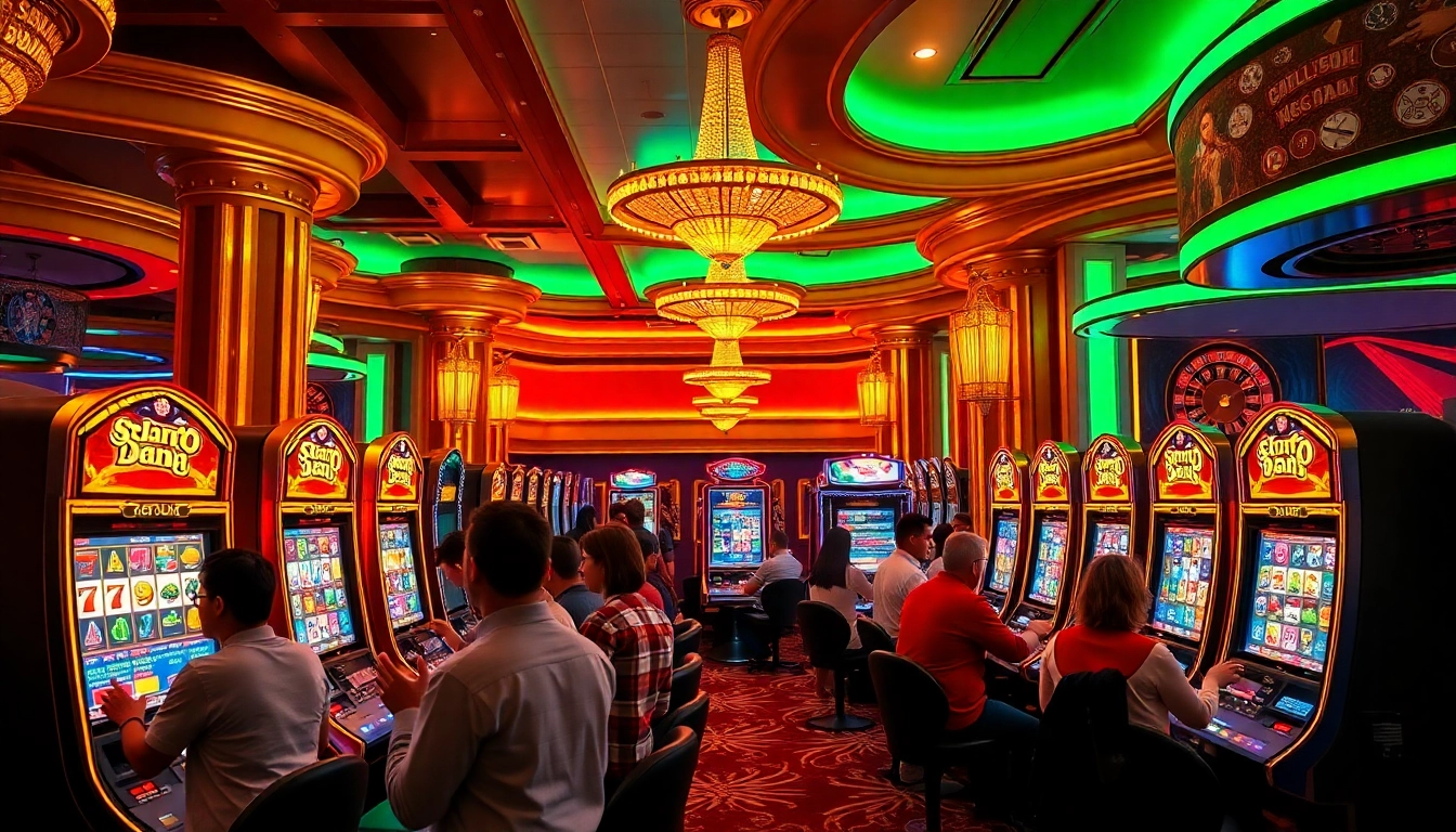 Rasakan sensasi Slot Dana dengan pemain merayakan kemenangan di area mesin slot kasino mewah.