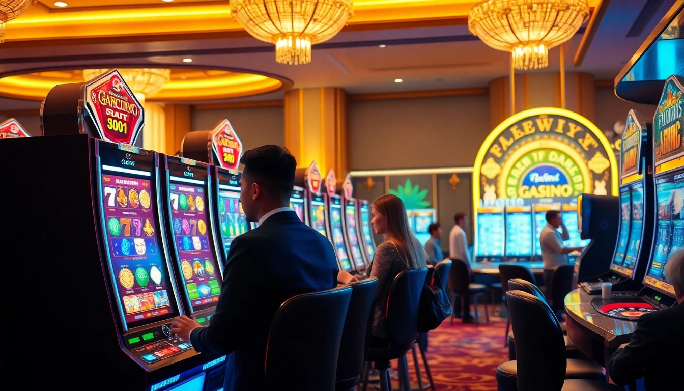 Experience the thrill of the slot online gacor as players engage with vibrant and exciting slot machines in a luxurious casino setting.
