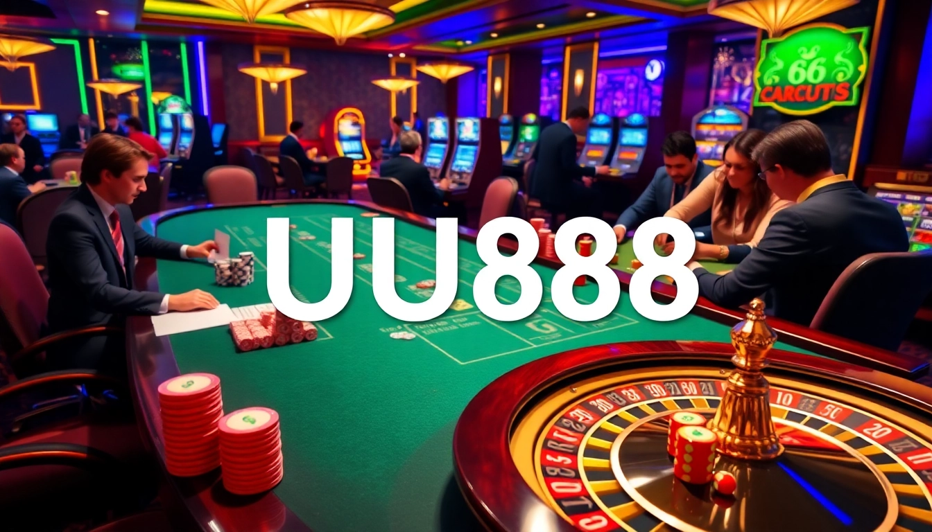 Players at a luxurious casino enjoy games while encountering UU88 betting options among the action.