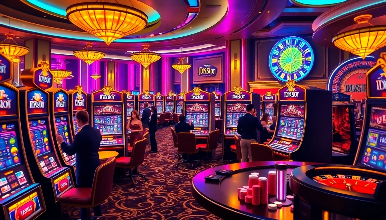 IDN slot players enjoying vibrant casino games with luxurious ambiance and exciting machines.
